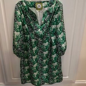 Elizabeth McKay Silk Peacock Leopard Green Print Shift Dress Size 6